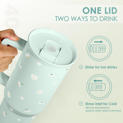 Daisy 40oz Tumbler with Handle and Straw – Flower Insulated Stainless Steel Travel Coffee Mug for Women Girls - Gift Idea for Birthday Christmas Mothers Day