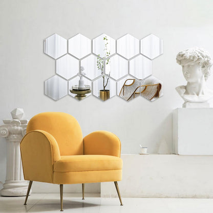 MCLEULLA 12 Pcs Acrylic Mirror Wall Stickers Hexagon Plastic Wall Stickers for Home Decor Living Room Bedroom Over Sofa or TV Gold (silver)