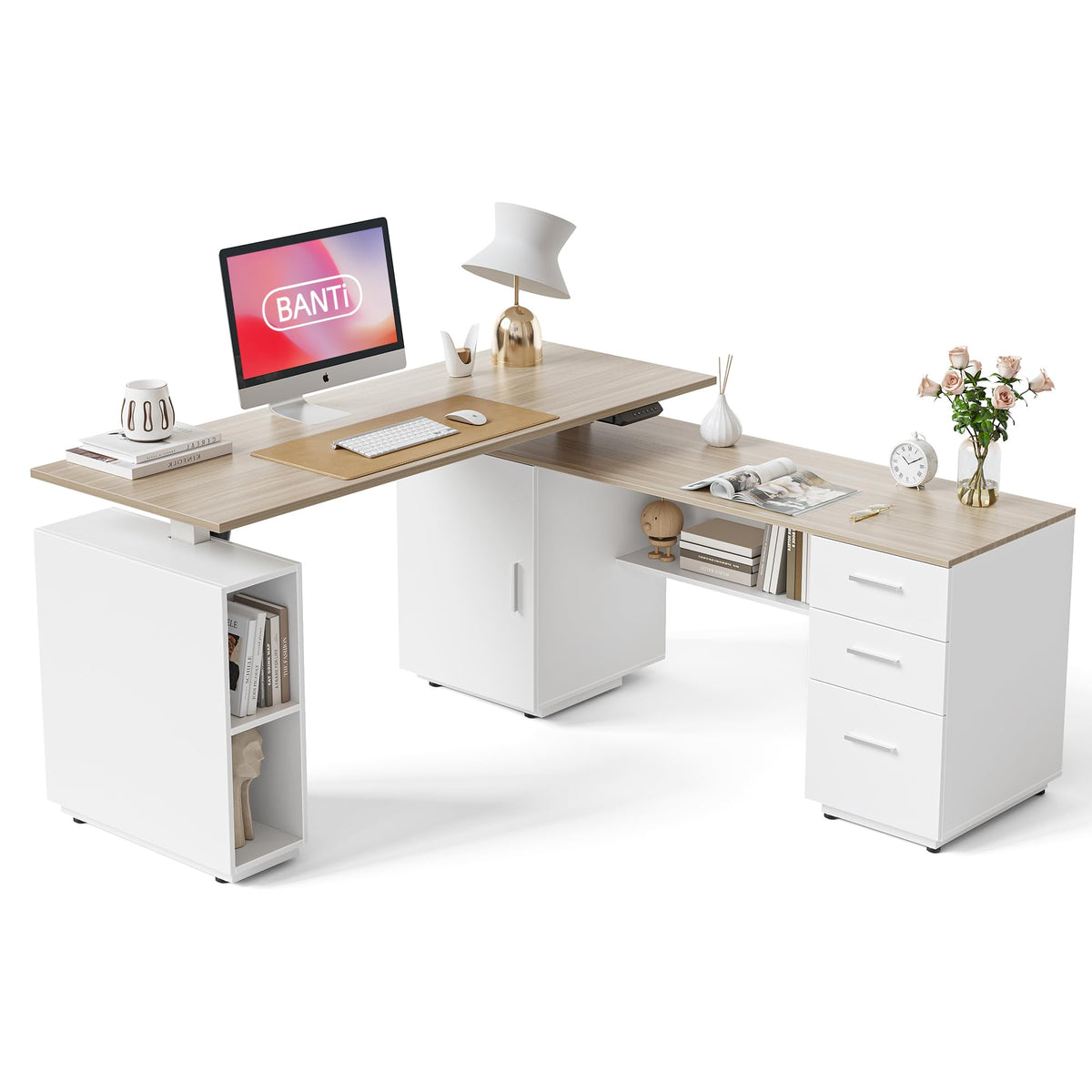 BANTI Executive L Shaped Standing Desk with 3-Drawer File Cabinet, 63" Electric Height Adjustable Stand up Desk for Home Office, Computer Desk with Storage Cabinets, Natural Top
