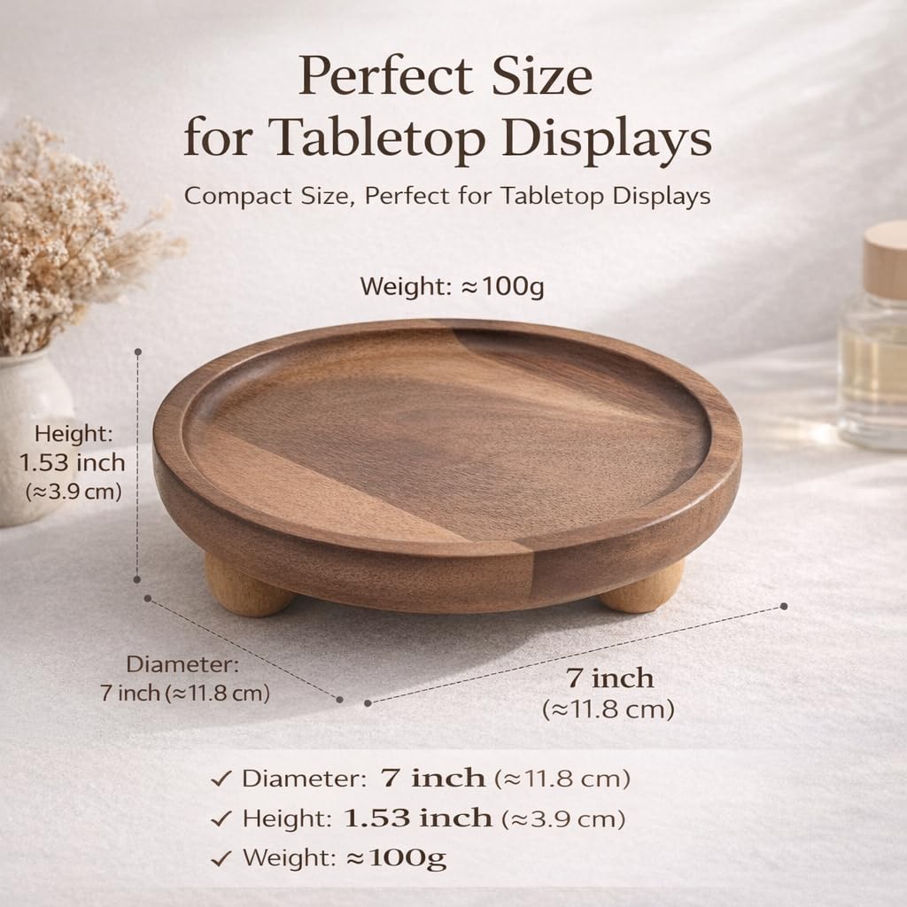 Wooden Riser for Display, 5 Inch Round Wood Riser Pedestal Stand, Small Round Wooden Tray & Wood Pedestal Tray, Elevated Tray for Candles Plants Bottles Vases, Farmhouse Tabletop Entry Table Centerpiece Decor