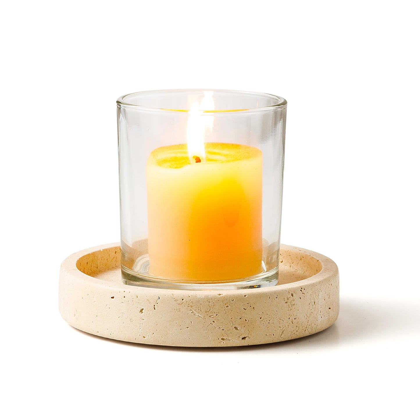 WORHE Candle Holders Italy Premium Natural Marble Candlestick Holder for Jar Pillar Candles Large Round Coaster Plate Jewelry Tray Centerpiece for Wedding Dining Table Home Decor Beige (WH063)