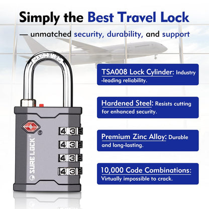 SURE LOCK TSA Accepted 4 Dig Heavy Duty Big Combination Luggage Padlock All Metal Travel Lock for Equipment Hard Case Luggage Gun Case Gym Locker Pelican Vault Lock (2, Grey)