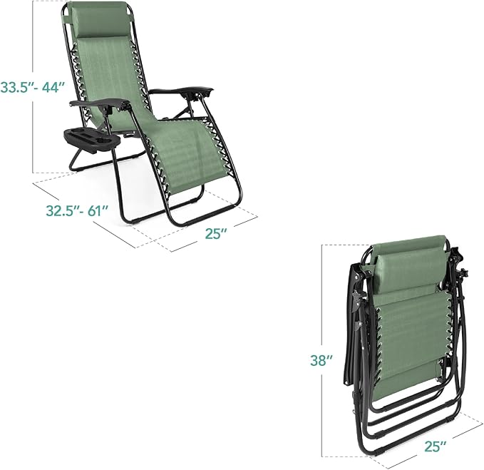 Best Choice Products Set of 2 Adjustable Steel Mesh Zero Gravity Lounge Chair Recliners w/Pillows and Cup Holder Trays - Sage Green