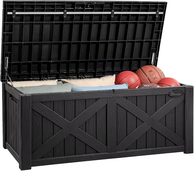 YITAHOME 150 Gallon Large Deck Box with X-Shaped Front, Resin Outdoor Storage Boxes, Waterproof Cushion Storage Bench for Patio, Pool Supplies, Garden Tools - Lockable, Black