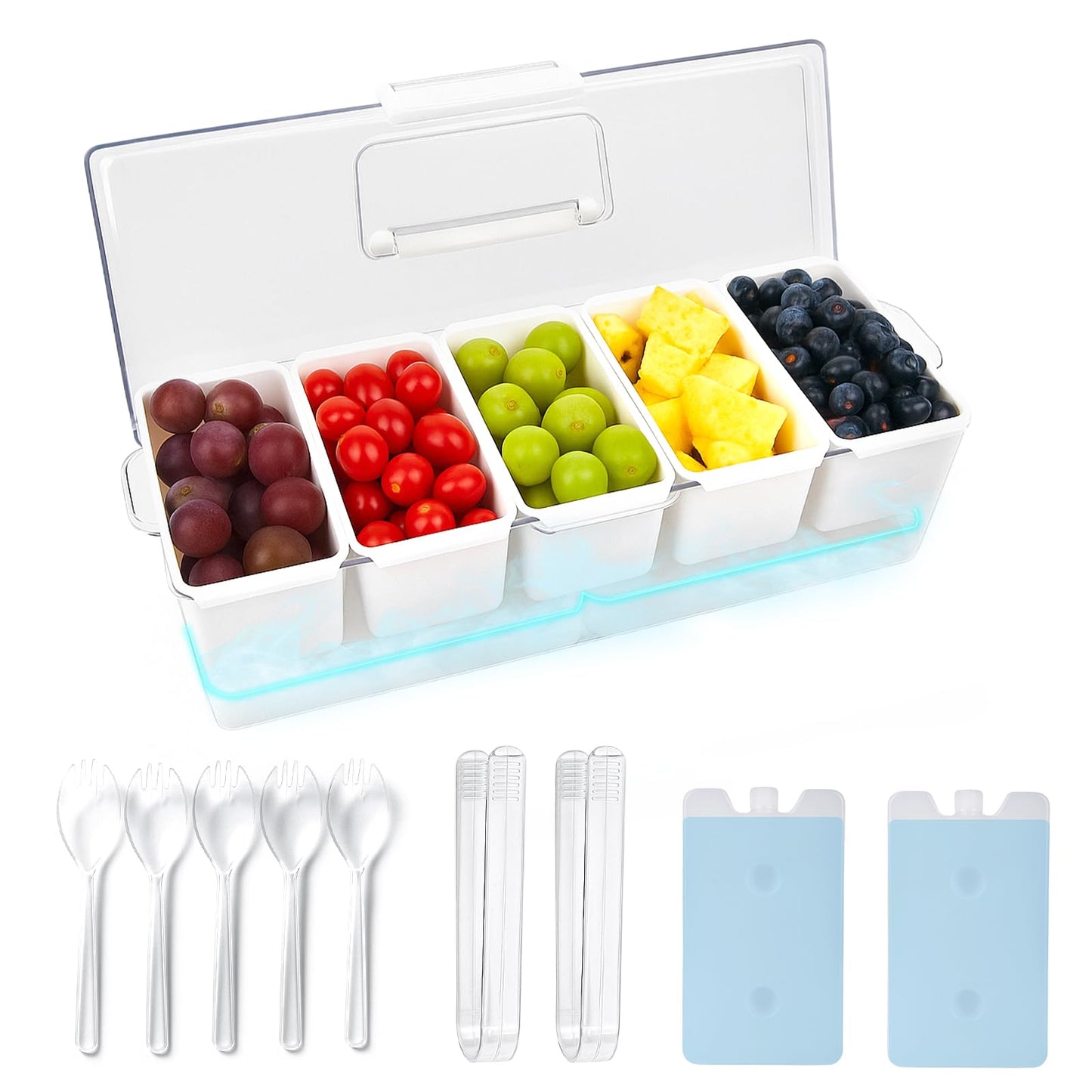 Mavolico Chilled Condiment Containers with Lid & Handle, 5-Compartment Serving Platters with 2 Ice Packs to Keep Fruits, Salads, Dips & Sauces Fresh for BBQs, Picnics, Camping and Parties