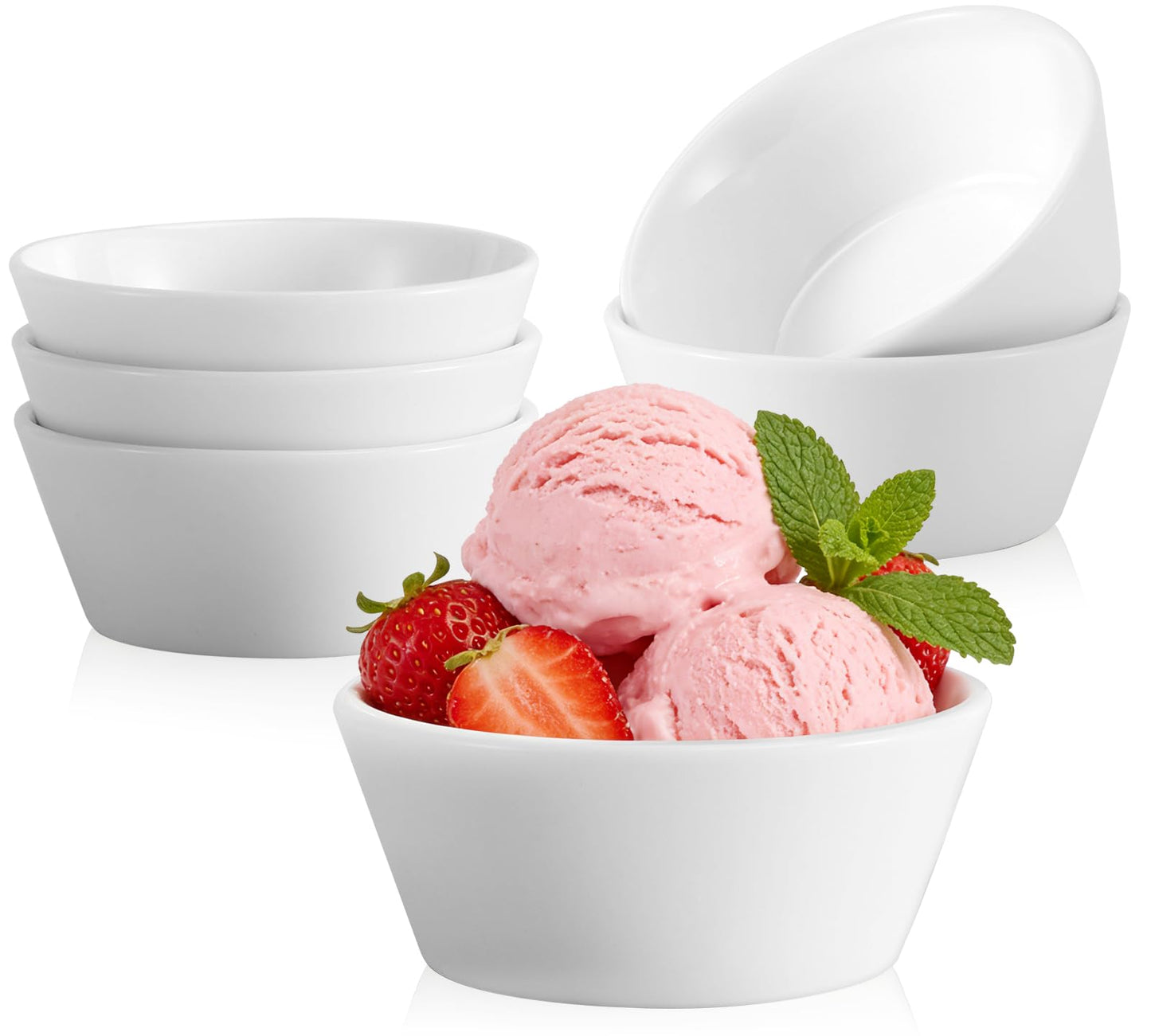 Enjamyo 6 Pack Porcelain Small Bowls, 5oz White Ceramic Ramekins, 4 Inch Diameter Small Bowls for Serving Dipping Sauces, Desserts, Soups and Cereals
