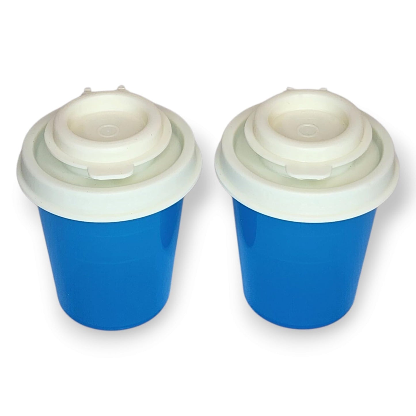 Tupperware Mini Salt and Pepper Shakers Set of 2 Mini Midgets 2 oz Azure Blue with Cream Lids