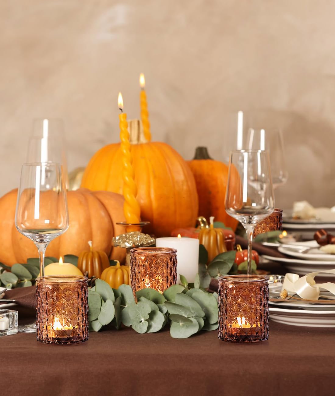 TripodBird 36 Pack Amber Votive Candle Holders, Glass Tea Lights Candle Holder for Boho Wedding Decor,Amber Candle Holders for Home Decor Gift Fall Wedding Christmas, Thanksgiving Party Table