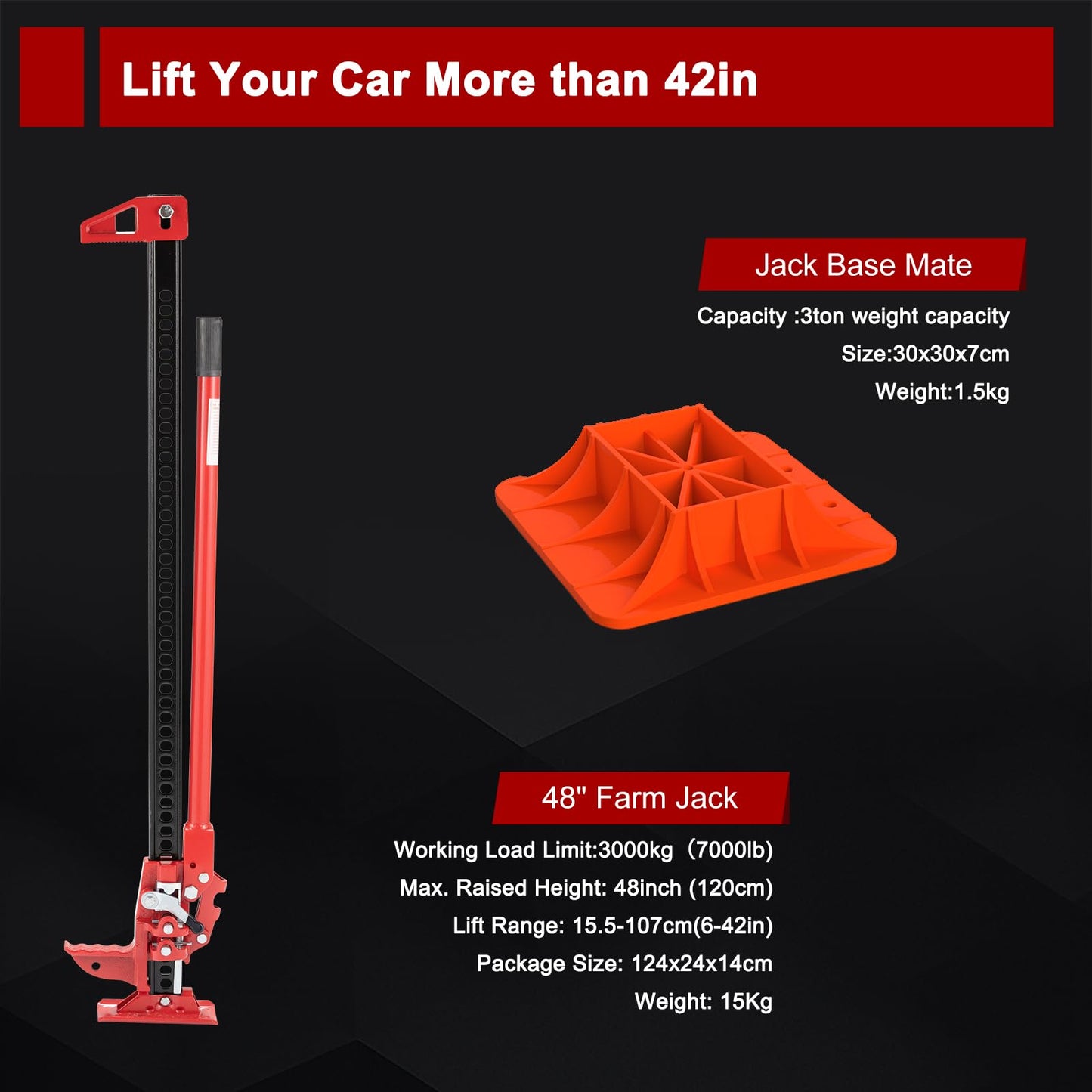 BUNKER INDUST Farm Jack 48" with Jack Base Mate,High Lift Tire Jack Stand Plate Offroad Sand Mud Snow Recovery Kit for Car Truck Jeep ATV SUV UTV