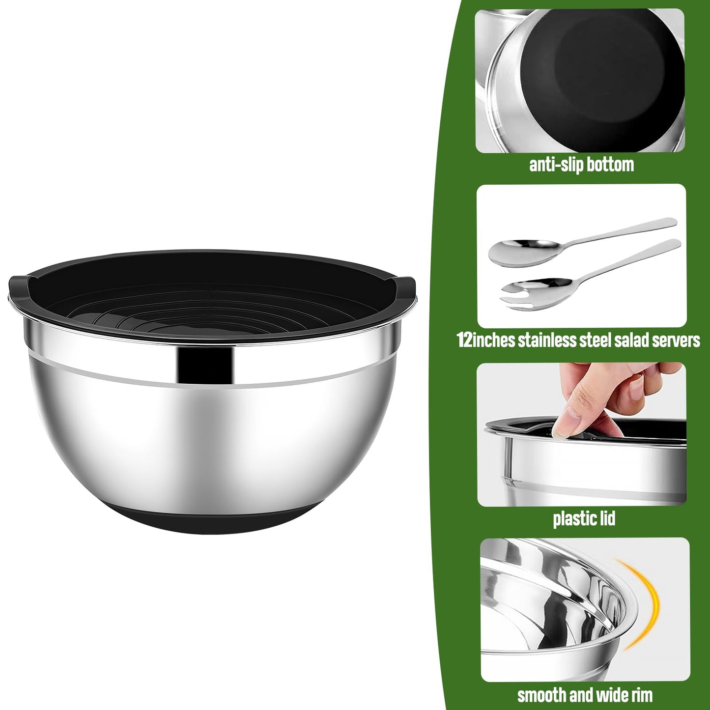 ShineMe Stainless Steel Salad Bowl with Lid, Extra Large Metal Bowl with Serving Utensils for Preparing, Mixing, Marinating, and Serving with Anti-slip Bottom, Unbreakable Kitchen Bowls 7QT
