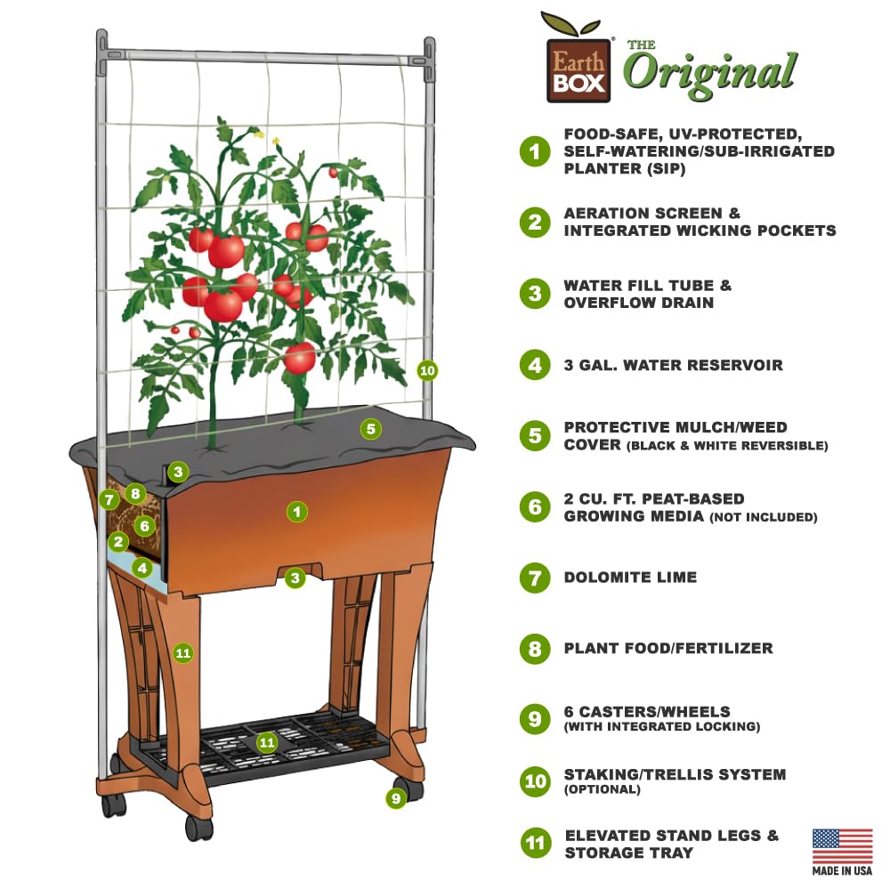 EarthBox Raised Garden Bed with Legs – Elevated Self Watering Planter Box with Wheels, Storage Shelf, Premium Plant Food, Easy Assembly, Made in USA, Gray