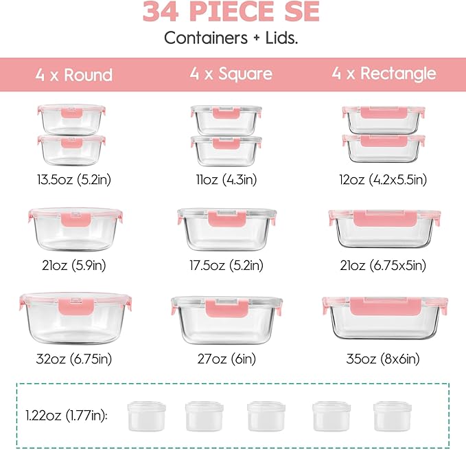 34pcs Glass Food Storage Containers