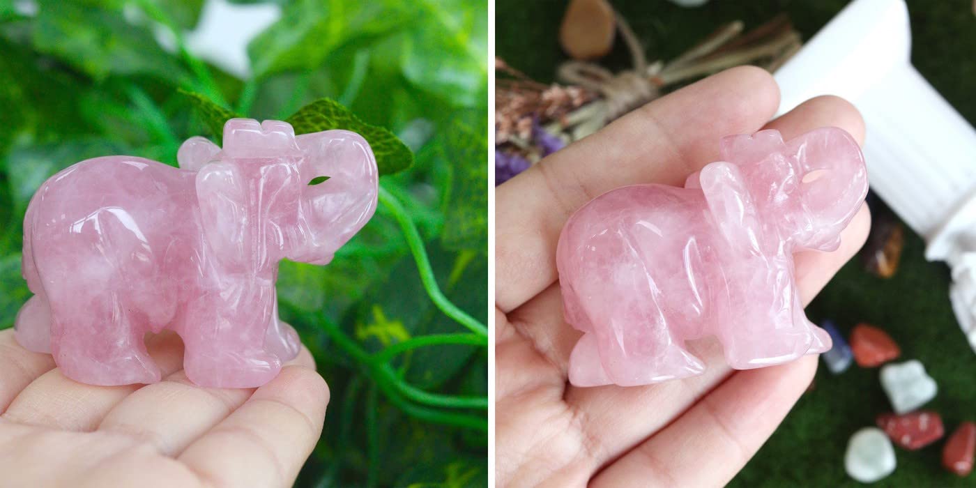 2" Rose Quartz Elephant Decor and Crystal Tree of Life Healing Crystal Cute Polished Natural Stone Hand-Carved Statue Figurines Energy Hippie Home Room Office Desk Decoration Gifts for Women Men