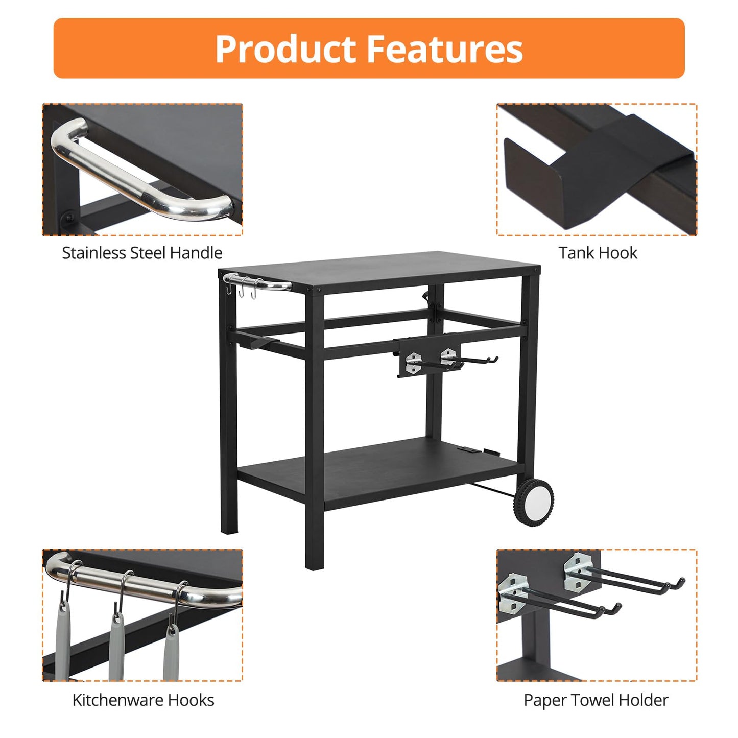 Garvee Grill Cart, Pizza Oven Stand, BBQ Prep Table with Wheels & Hooks, Side Handle, Double-Shelf Grilling Cart Tabletop Griddle Cooking Station for Bar, Patio, Camping, Home (Black)