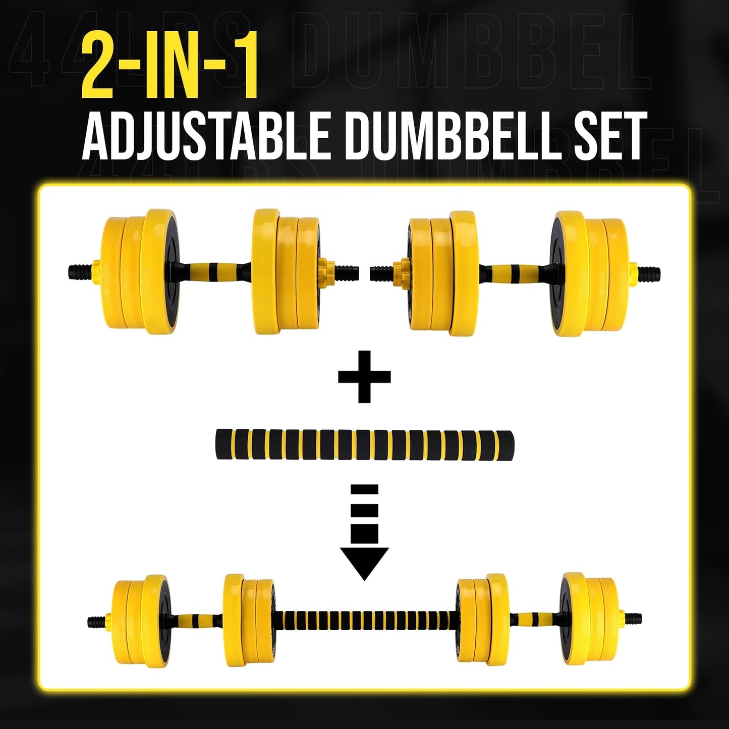 2-in-1 Adjustable Weight Set 44 Lb, Adjustable Weights with Foam Shoulder Connector Used As Dumbbell and Barbell Set, Yellow