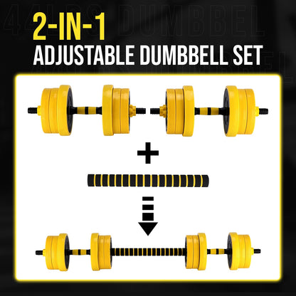 2-in-1 Adjustable Weight Set 44 Lb, Adjustable Weights with Foam Shoulder Connector Used As Dumbbell and Barbell Set, Yellow