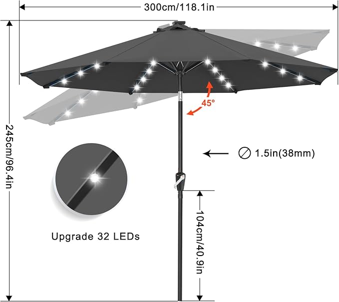 ABCCANOPY 10FT Durable Solar Led Patio Umbrellas with 32LED Lights (Dark Gray)