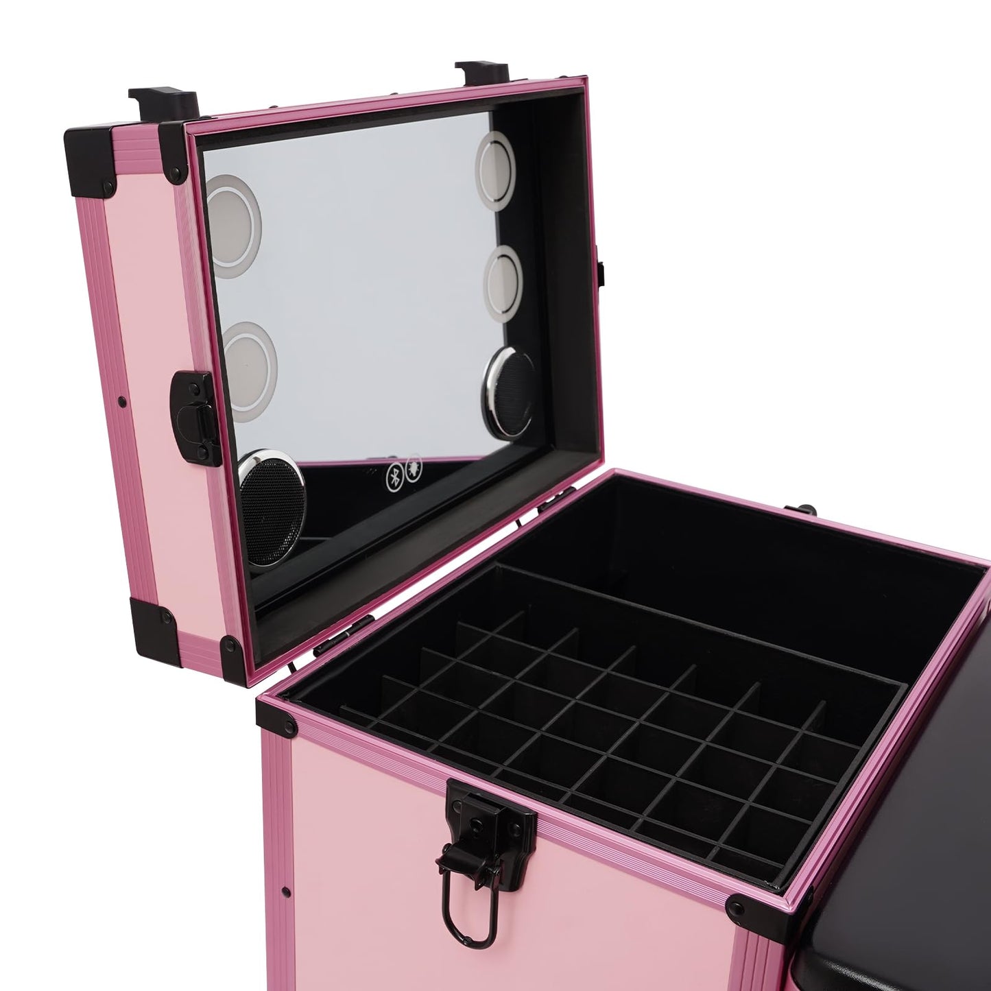 faoeqqEga 3 Tier Rolling Makeup Case w/Mirror, 110 Lbs Foldable Beauty Station w/Lighted Vanity, Aluminum Frame Travel Cosmetic Organizer for Stylist & Salon (Pink)