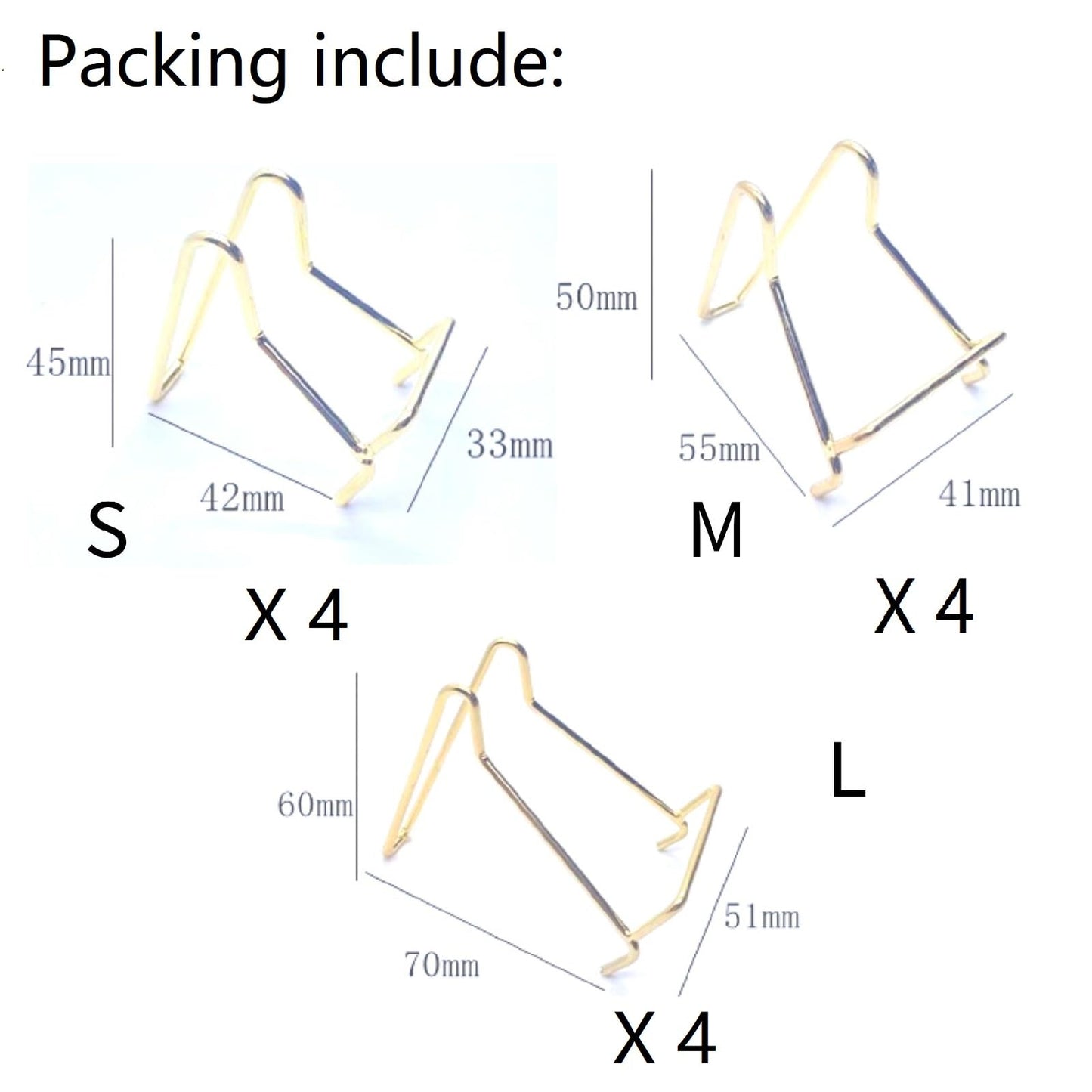 Nwsrayu 12 pcs 3 Sizes Rock Display Stand Gold Metal Easel Stands Crystals Holder for Display Collectibles Crystals, Rocks, Geodes, Heart Stones, Mineral Agate Fossil , Cards, Coins,Plates