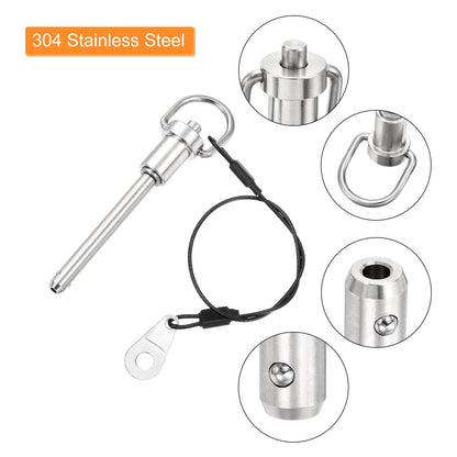 uxcell 2 Pcs Quick Release Pin, 1/4" x 2"(Dia. x L) Push-Button Ball Locking Pin 304 Stainless Steel Ring Handle Locking Pin with Wire for Audio Bimini Top Marine, Silver