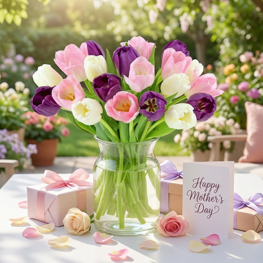 Benchmark Bouquets - White, Pink, Purple Tulips - Fresh Flowers for Delivery - Mothers Day Gifts for Wife - Birthday Flowers for Women - Teacher Appreciation Gifts - Glass Vase Included (20 Stems)