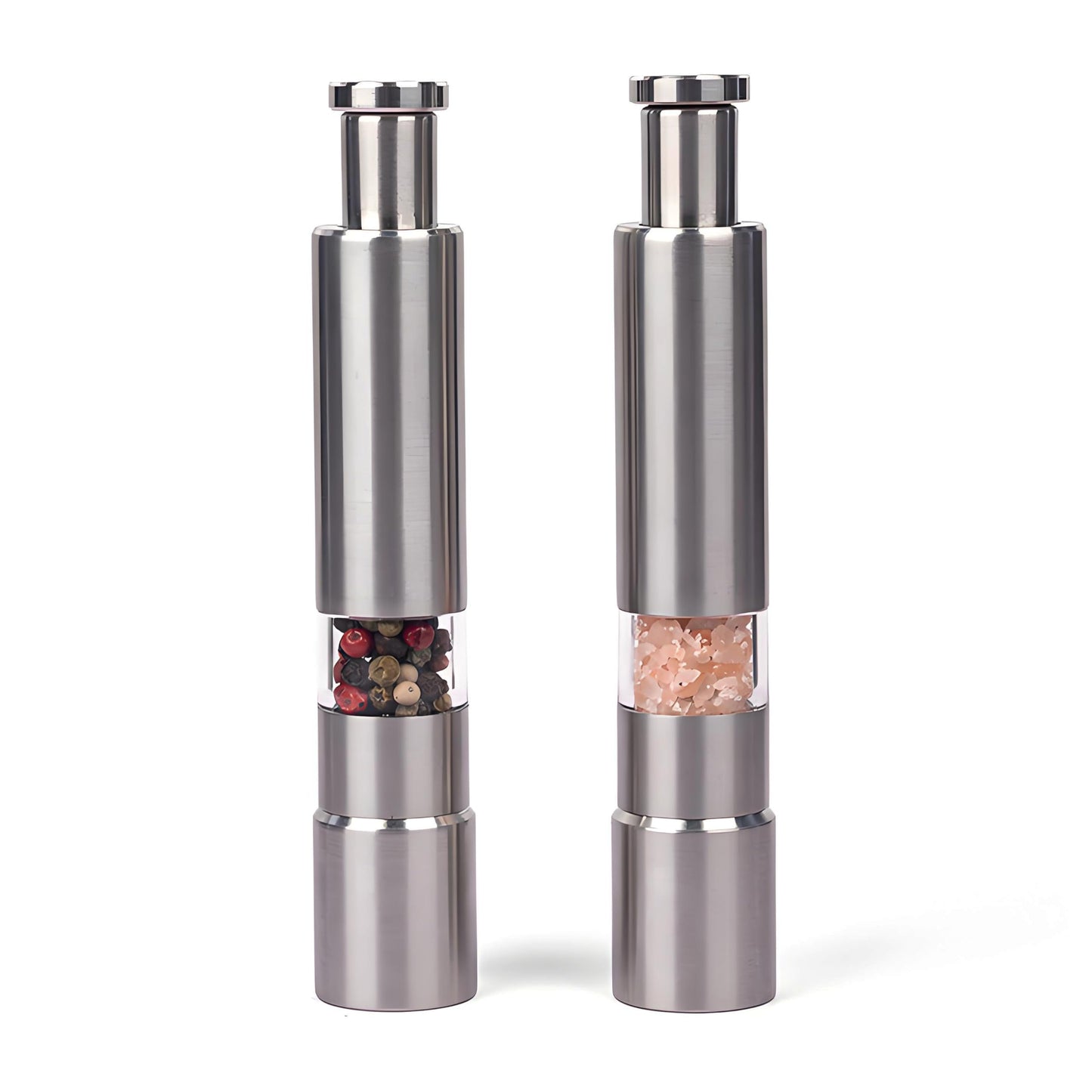 One handed seasoning spice mill gadgets, push button salt and pepper grinder, Solid Stainless, 1 Pcs or Buy more, silver
