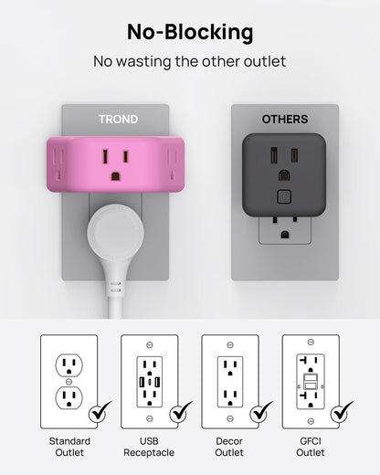 TROND Multi Plug Outlet Extender 2 Pack - Electrical Wall Splitter, 3 Way Angled Wall Outlet Adapter, Cruise Essentials, Small Multiple Plug Expander for Cruise Ship Home Office Dorm Room, White