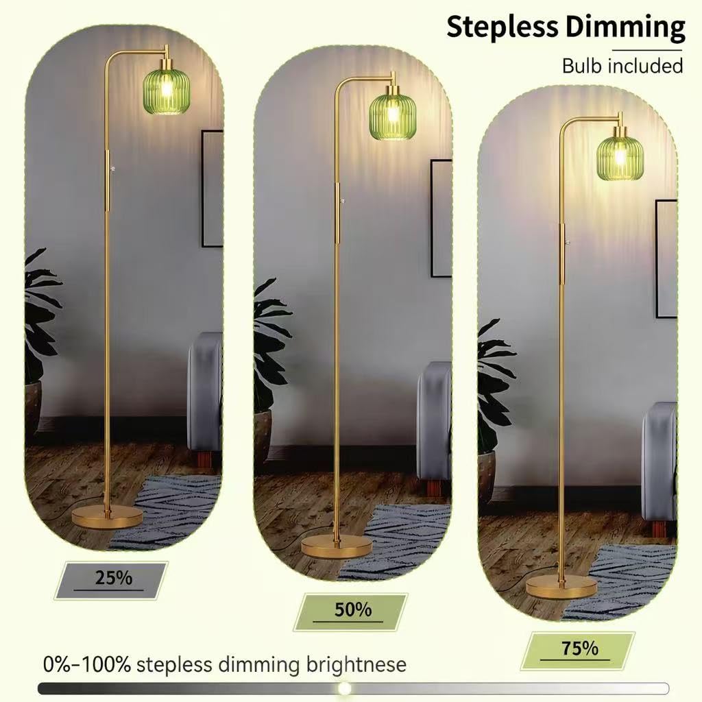 Ruiever Glass Floor Lamp for Living Room, Dimmer Standing Lamp with Green Ribbed Lampshade,66” Tall Lamp & Gold Floor Lamp for Bedroom Study Room,Brushed Gold (Drum Green Glass Shade)