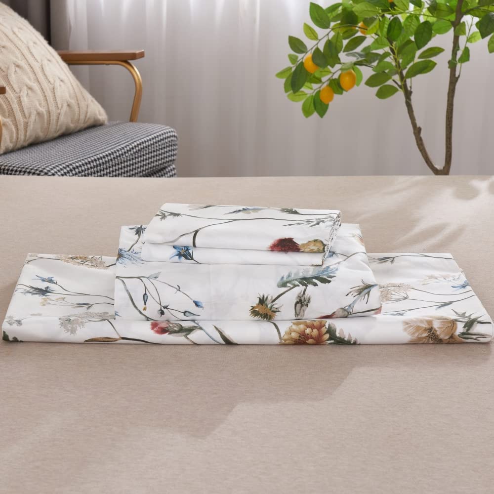 DAUAOTO 100% Cotton Bedding Printed Sheets Set for Full Size Bed Up to 14" Deep Mattress, Floral Botanical Pattern Bedlinen Sets