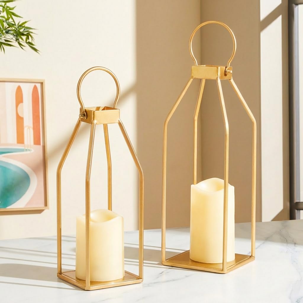 Perfnique Modern Farmhouse Lantern Decor, 15'' 12.6'' Set of 2 Gold Metal Lanterns, 2 LED 6hr Timer Flameless Candles ＆ Remote Timer, Lanterns Decorative for Outdoor, Porch, Fireplace, Patio