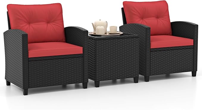 HAPPYGRILL 3 Pieces Wicker Patio Conversation Set, PE Rattan Bistro Sofa Set