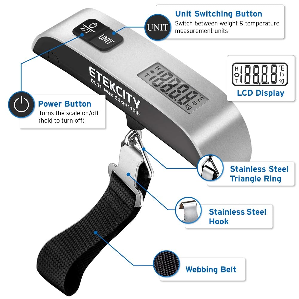 Etekcity EL11 Luggage Scale, Digital Portable Handheld Suitcase Weight for Travel with Rubber Paint, Temperature Sensor, 110 Pounds, Battery Included, Silver