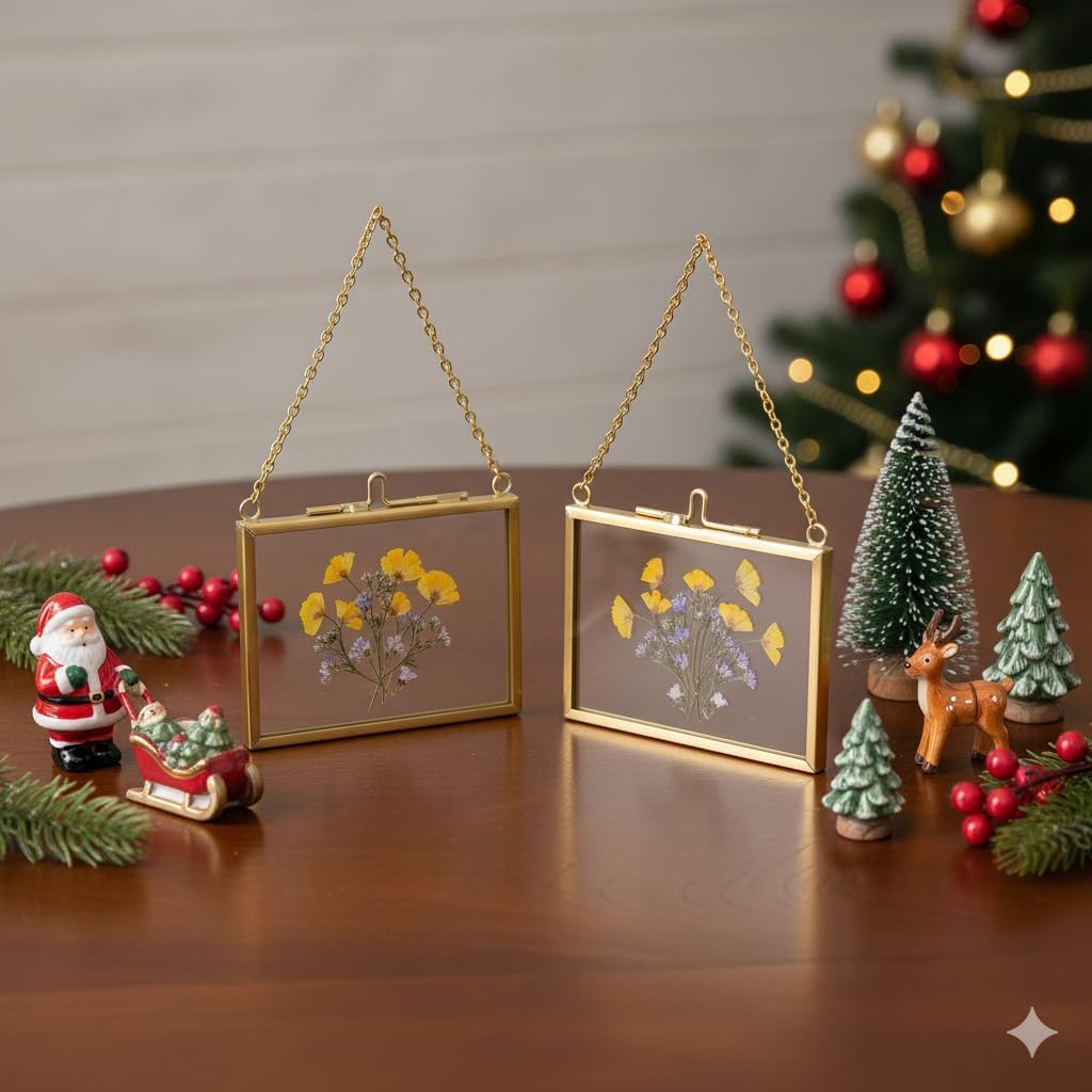FOCHIER F 4 Pcs Pressed Flower Frame, Wall Hanging Tabletop Display Double Glass Frames with Metal Chain for Pressed Dried Flowers Plants, Horizontal and Vertical Picture Frame, Black, FRAMES ONLY