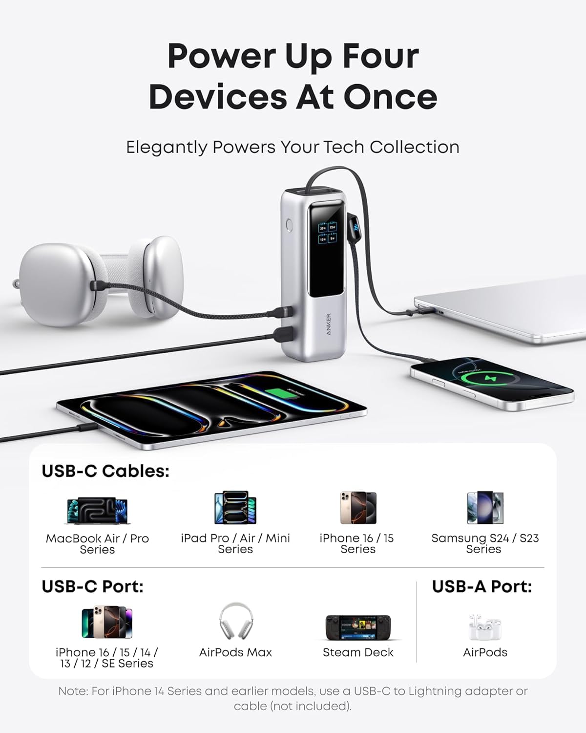 Anker Laptop Power Bank, 25,000mAh Portable Charger with Triple 100W USB-C Ports, Built-in and Retractable Cables, for iPhone 16/15 Series, MacBook, Samsung, and More (Flight-Approved)