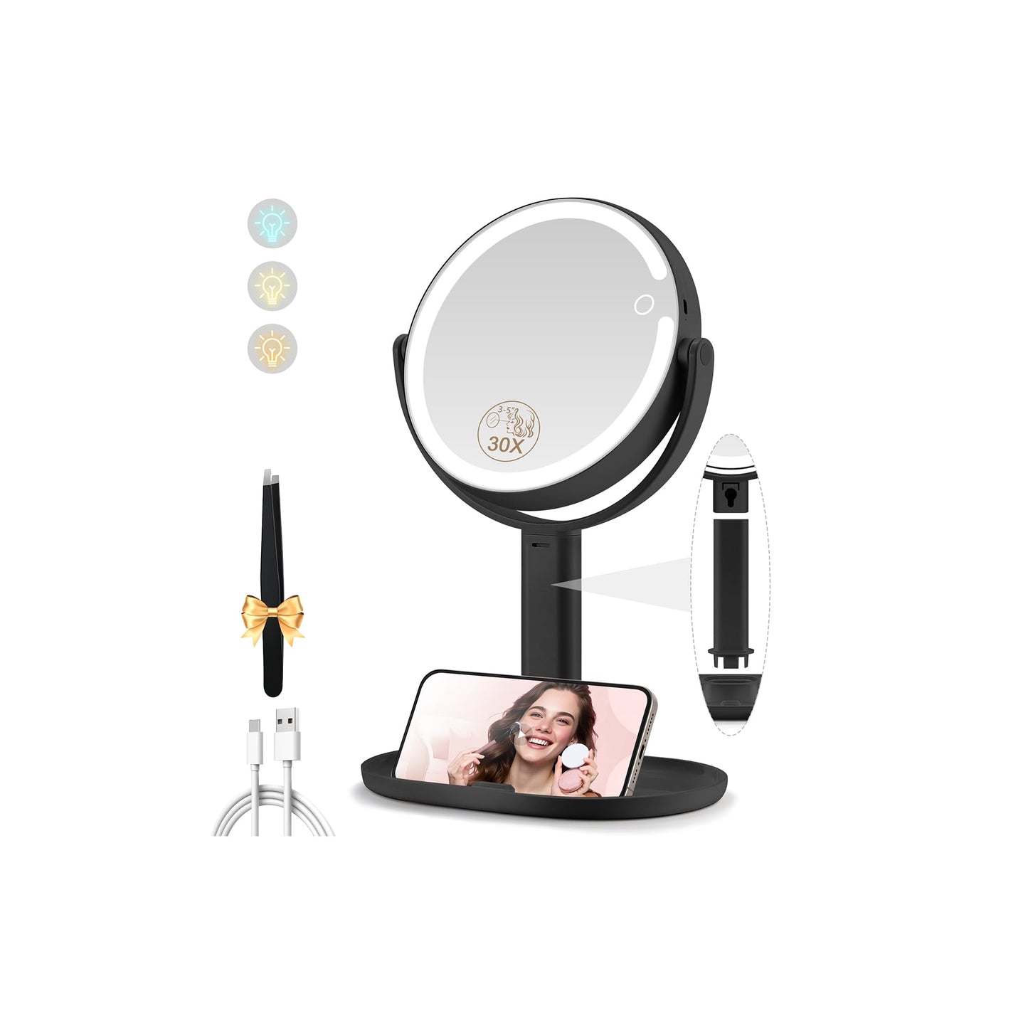 Makeup Mirror with Lights, Double Sided 1x/20x Magnifying Mirror with Light, Rechargeable 3 Color Lights and Adjustable Brightness, 360° Rotation Detachable Comes with Tweezer(Black)