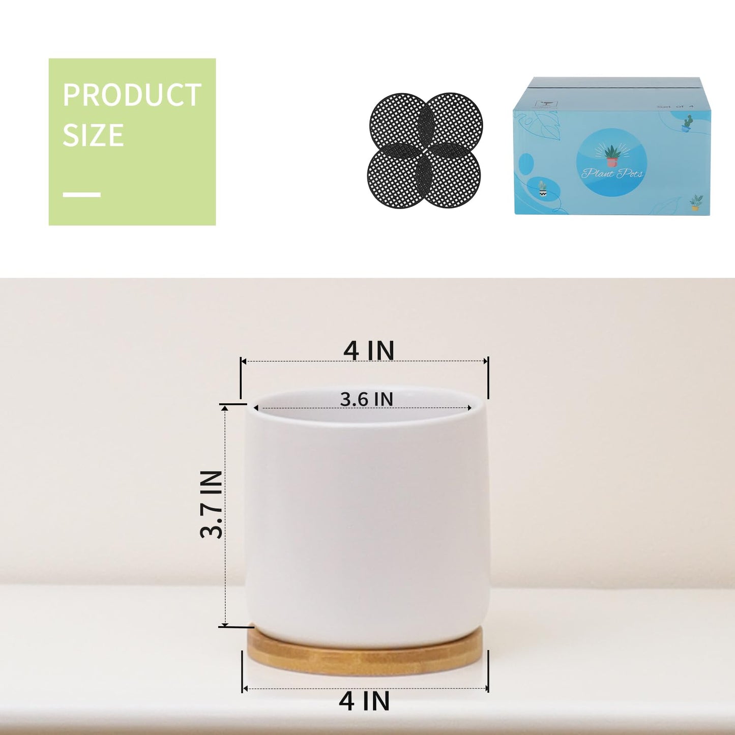 BABALIU 4 Inch Ceramic Plant Pots with Drainage Holes and Trays, Adorable Small Cylinder Flower Planter Pot with Saucers for Indoor Plants, Succulent, Snake Plants, Cactus & Herbs, White, Set of 4