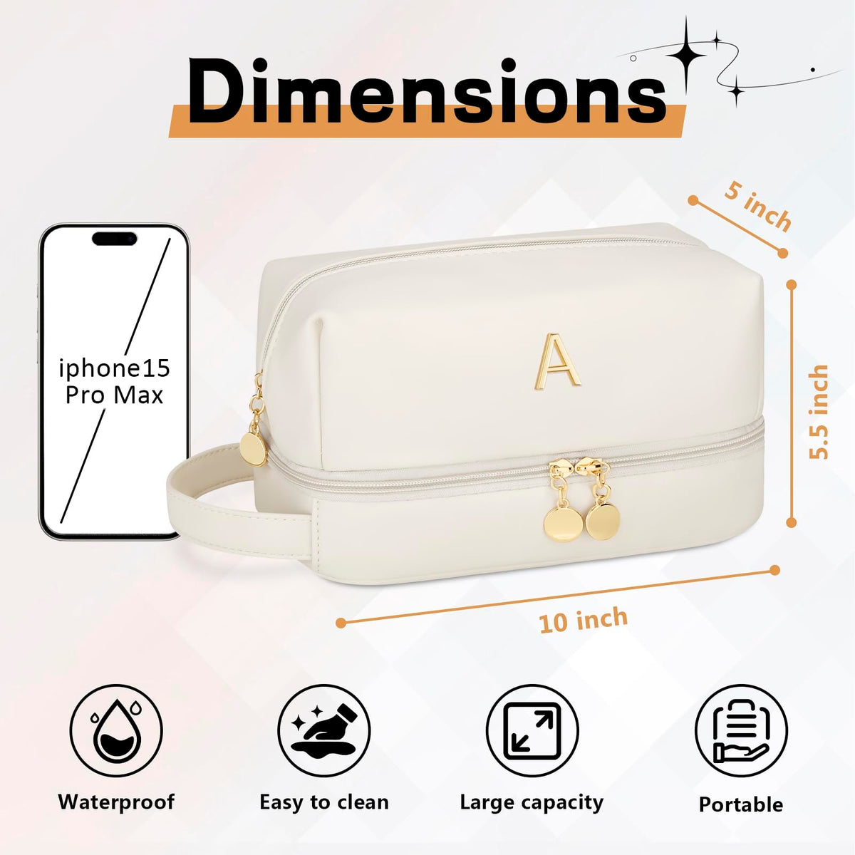 CLOUDWINGS Initial Makeup Bag for Women - Personalized Double Layer Cosmetic Bags with Makeup Brush Organizer, Hanging Travel Toiletry Bag with Large Capacity, Gifts for Mom Girlfriend Wife（Beige A）