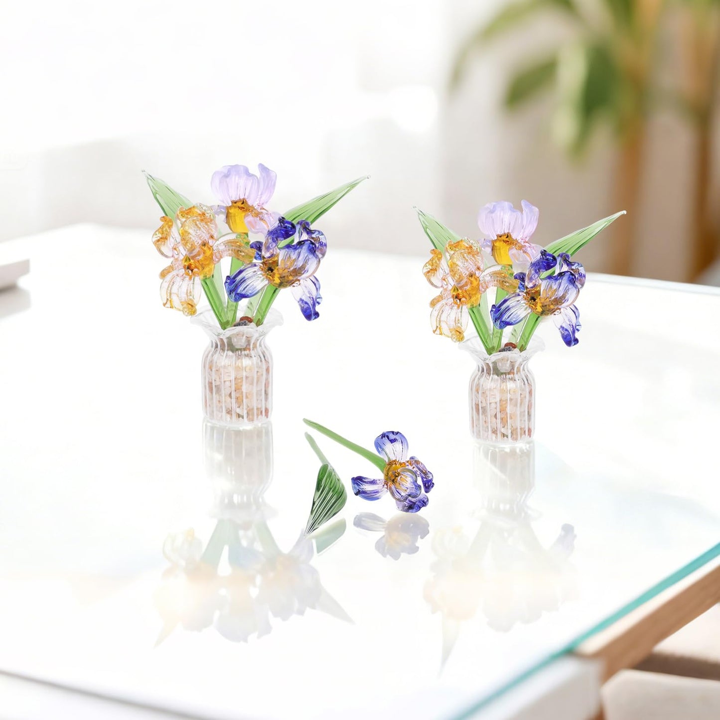 Lovmeety Mini Glass Flowers with Vase, Handmade Crystal Flowers Decor Iris Flower Arrangements Glass Flower Bouquet for Home Office Shelf Table Centerpiece Gift for Women