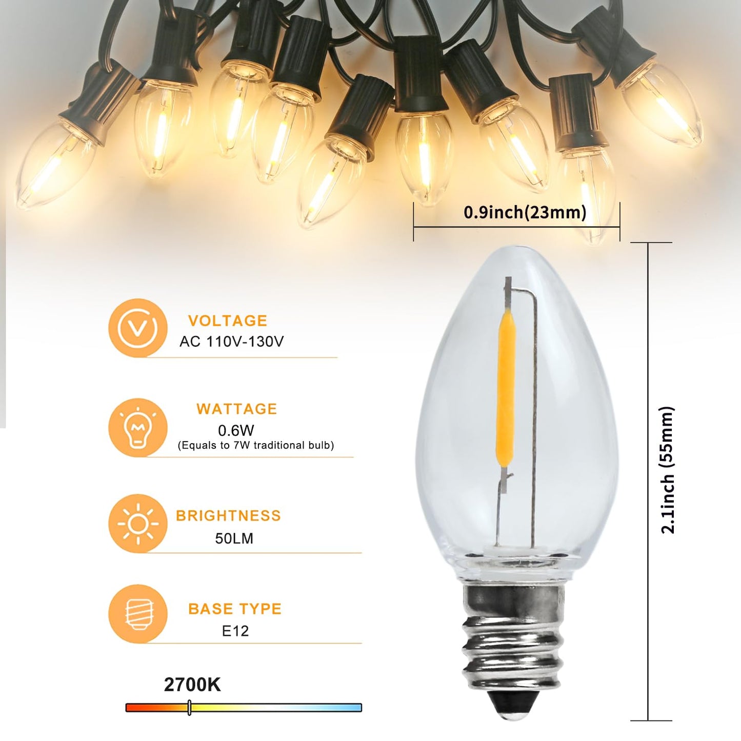 MYEMITTING Night Light Bulb – C7 E12 LED Bulbs – Candelabra, 0.6 Watt Equivalent 7W Incandescent Bulb, Warm White 2700K, Window Candles & Chandeliers Replacement Bulb, 6 Pack