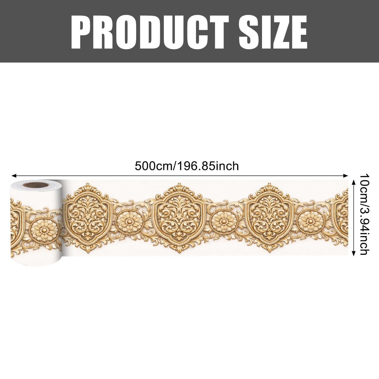 Nuxovilar Wallpaper Border Peel and Stick 3.94x16.4Ft PVC Removable Self-Adhesive Bathroom Kitchen Living Room (Gold Ornate Floral Relief Pattern)