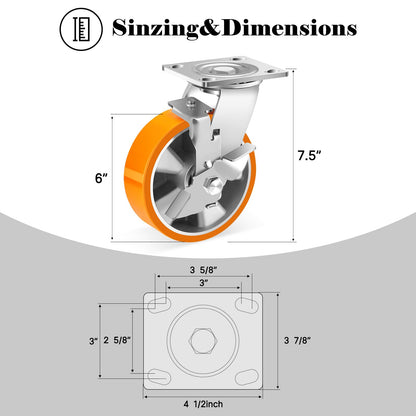 W B D WEIBIDA 6 Inch Industrial Grade Casters Set of 4, Heavy Duty Casters Wheels with Brake 5000 Lbs, Maintenance-Free Polyurethane on Aluminum Wheels, Plate Swivel Casters for Machine, Equipment
