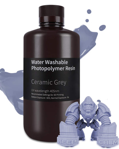 ELEGOO Water Washable 3D Printer Resin 1.0, Ceramic Grey 1000g, Fast Curing, Easy Cleanup with Water, Smooth Finish & High Precision 405nm UV Resin for LCD/MSLA 3D Printing