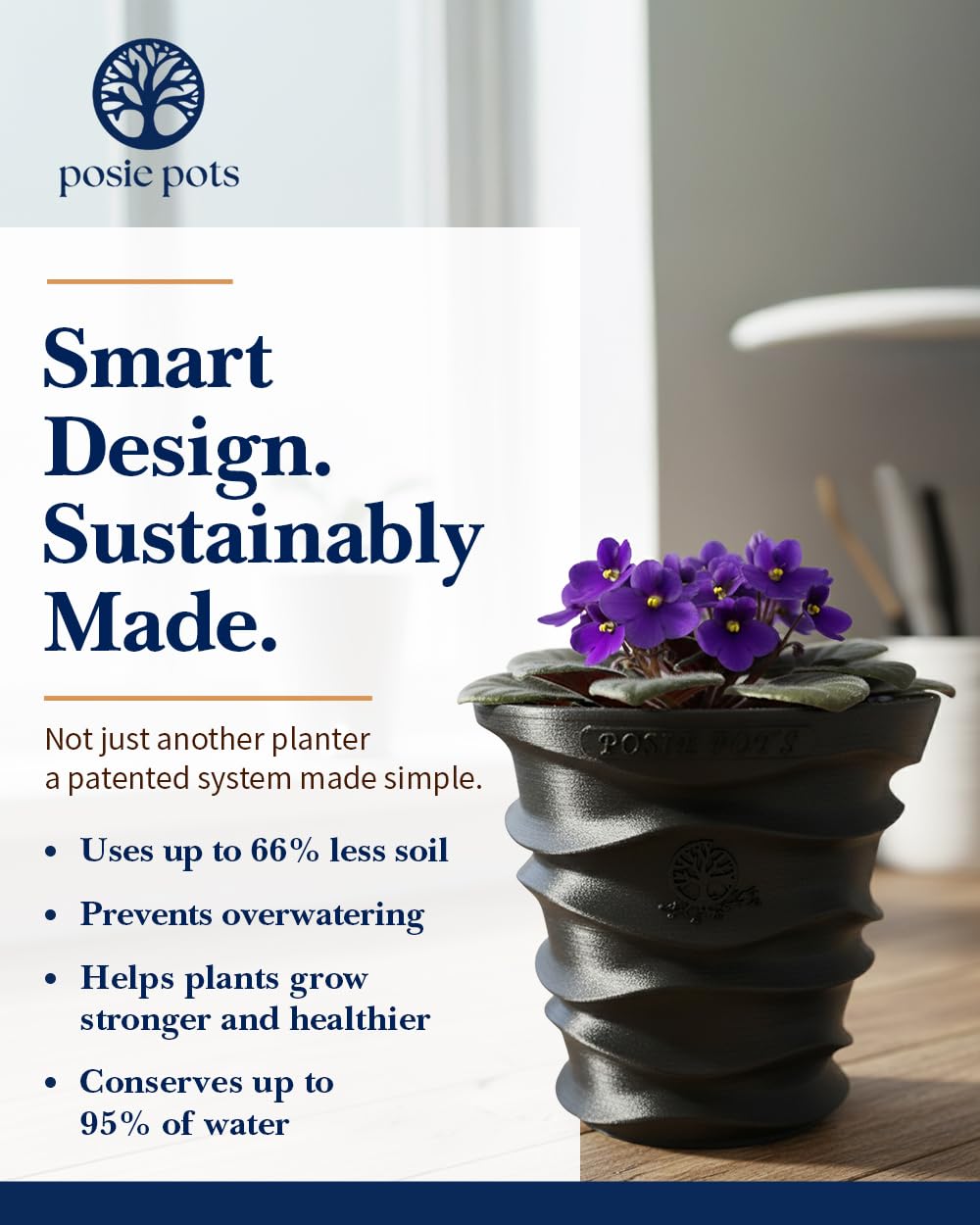 Posie Pot Medium Wave Self Watering Planter for Indoor Plants - 5x5 Inch Patented Pot with 10X Water Reservoir - Modern 3D Printed Desk Planter - Root Rot Free - Eco Friendly, Made in USA, Black