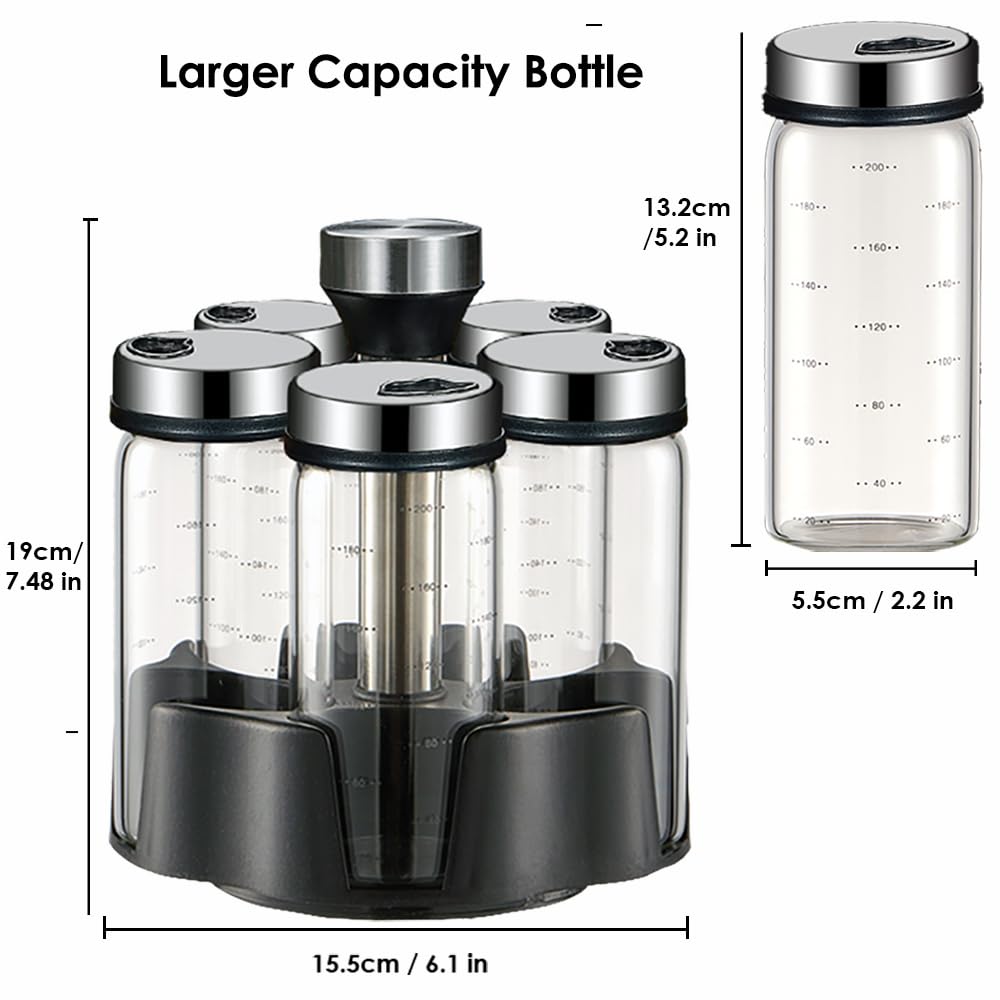 TINMIX Revolving Spice Rack Organizer, Rotating Seasoning Holder Shelf with 5 Large 200ml Glass Jars for Kitchen Countertop Cabinet