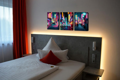 Anime Posters Japanese Wall Art Framed 3 Pieces Tokyo Neon Streets Night Japan City Wall Decor Poster for Living Room Bedroom Bathroom Japanese Room Decor Stretched Ready to Hang
