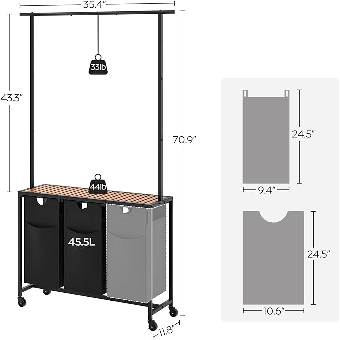 Laundry Sorter 3 Section, Rolling Laundry Hamper