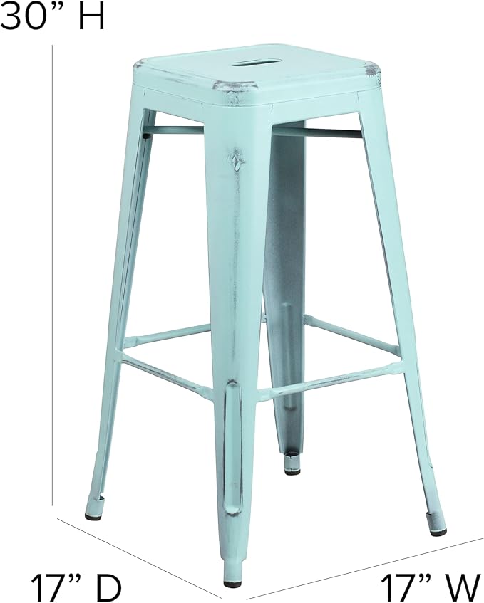 Flash Furniture Kai Commercial Grade 30" High Backless Distressed Green-Blue