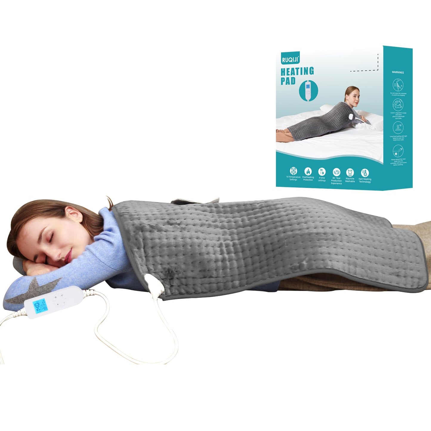 Ruqiji 17''x33'' XXXL King Size Heating Pad with 120 Minutes Auto Shut Off&6 Temperature Settings, Flannel Electric Heating Pad/Pain Relief for Back/Neck/Shoulders/Menstrual Pain/Leg Cramp (Dark Blue)