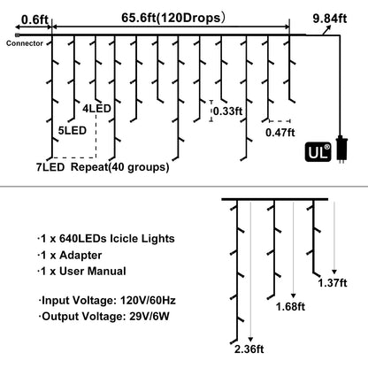 Nielfoi Warm White Christmas Lights Outdoor, 66ft 640 LED Icicle Lights for Outside House with Connectable Clear Wire 8 Modes Timer, Plug in Waterproof for Eaves Yard Party Indoor Holiday Decoration