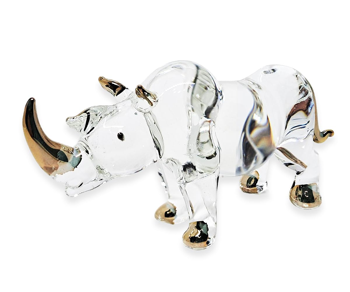 WitnyStore Tiny 5½" Clear Gold Stand Rhino Figurine - Miniature Hand Blown Painted Glass Rhinoceros Tropical Savanna Wildlife Animals Cute Crystal Decorative Figures Collectible Figurines Décor Gifts